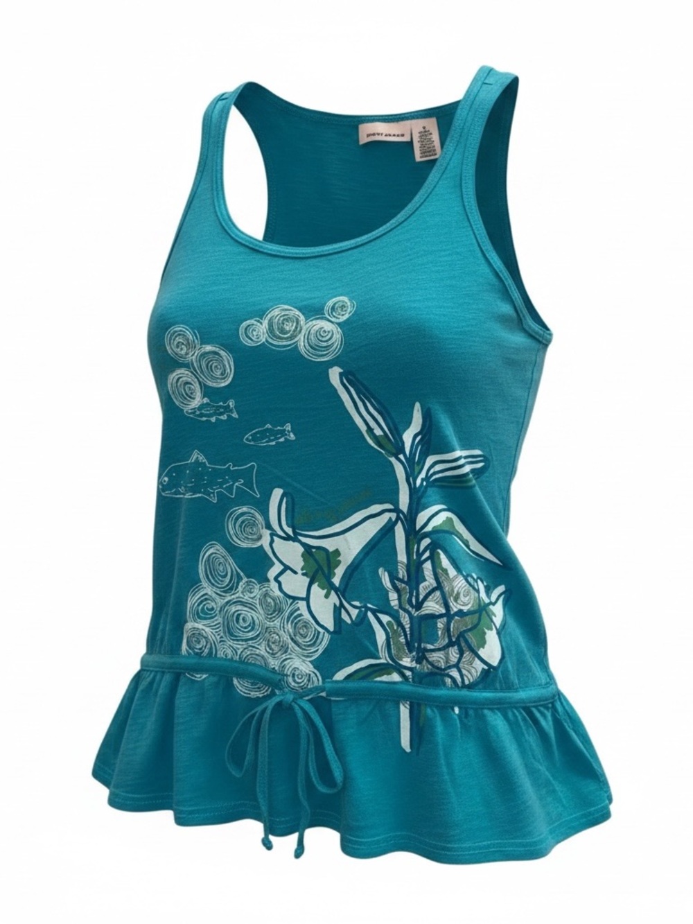 DKNY Teal Floral Graphic Ruffle-Hem Tank
